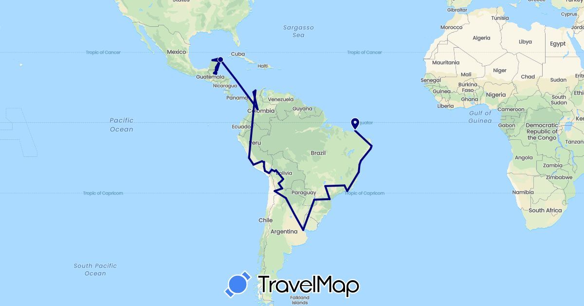 TravelMap itinerary: driving in Argentina, Bolivia, Brazil, Belize, Chile, Colombia, Mexico, Peru (North America, South America)